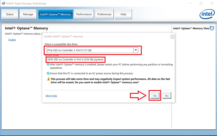 Intel Rapid Storage Technology, włączanie pamięci Intel Optane