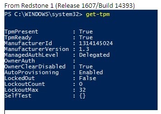 Команда get-tpm в Windows 10 1607