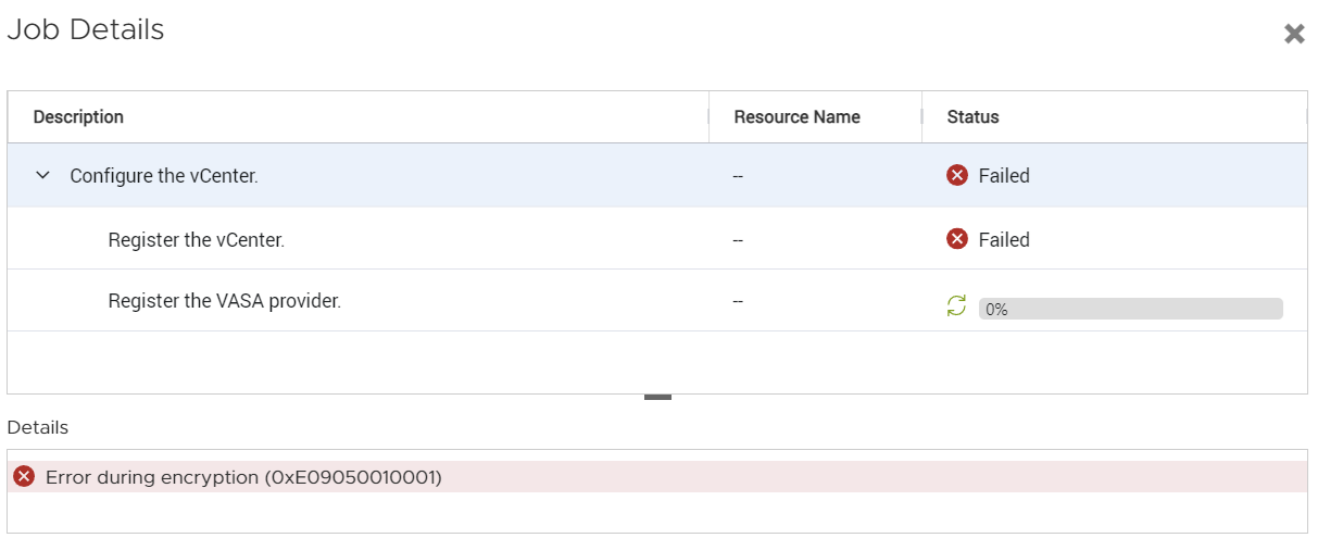 Captura de tela de erro durante a criptografia (0xE09050010001)