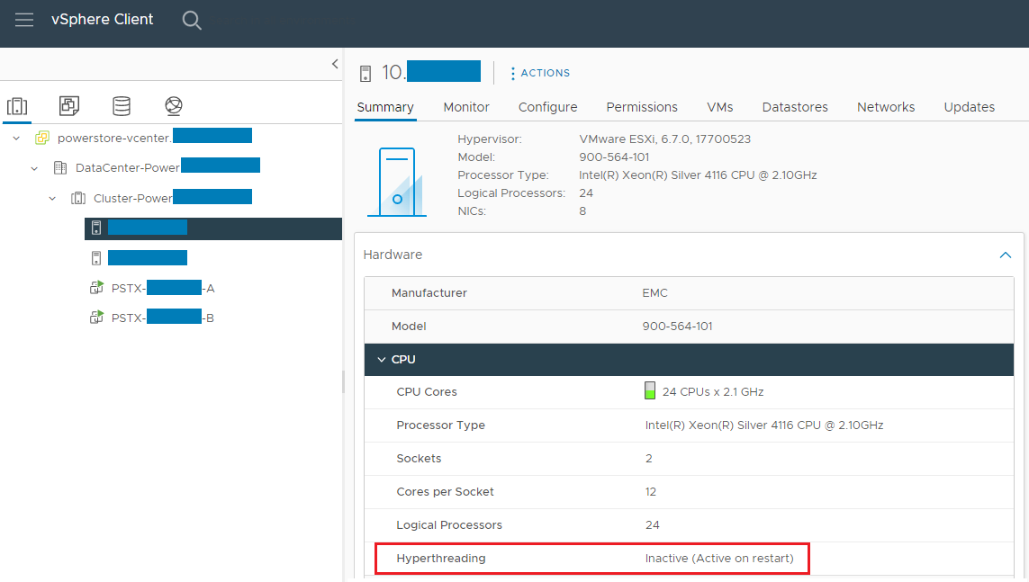 Capture d’écran de l’hyperthreading à partir de vSphere Client