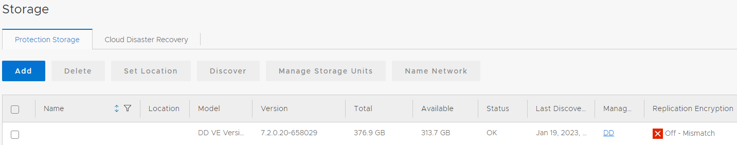 Power Protect Data Manager storage settings showing Off mismatch status