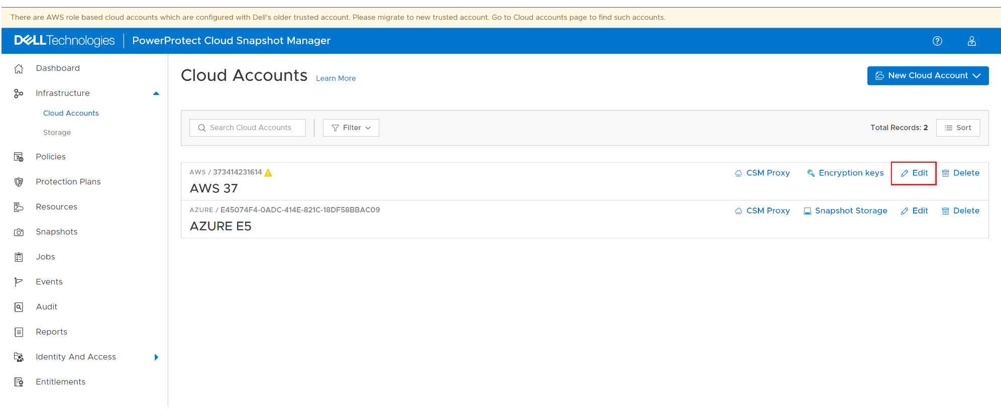 PowerProtect Cloud Snapshot Manager : modifica degli account cloud