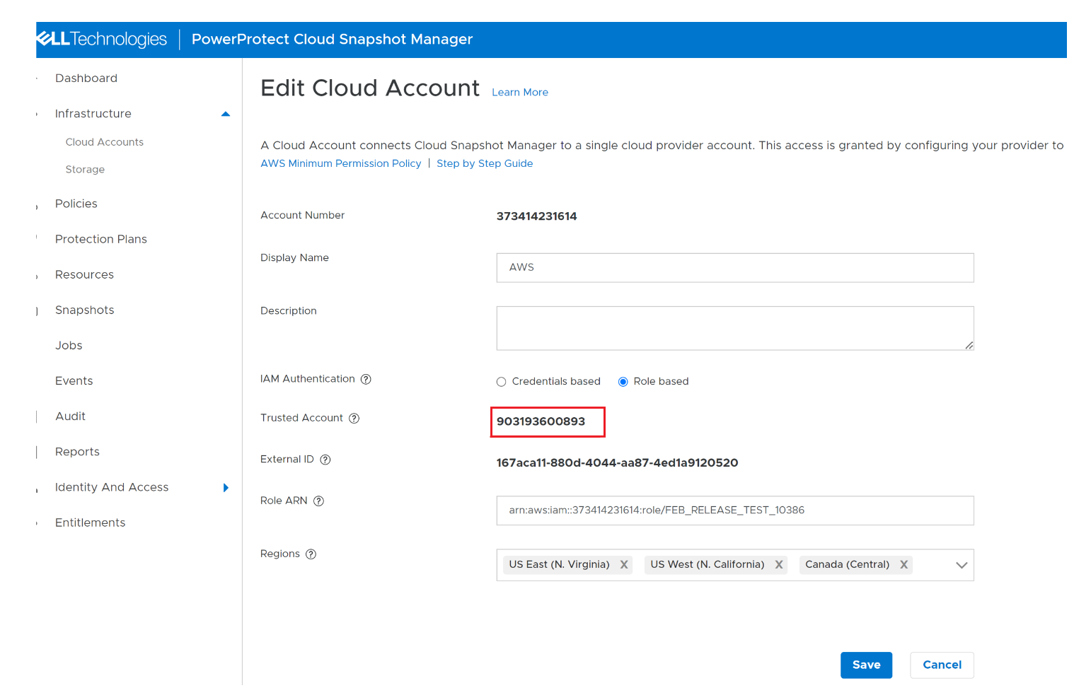 经验证的 PowerProtect Cloud Snapshot Manager — 云帐户编号