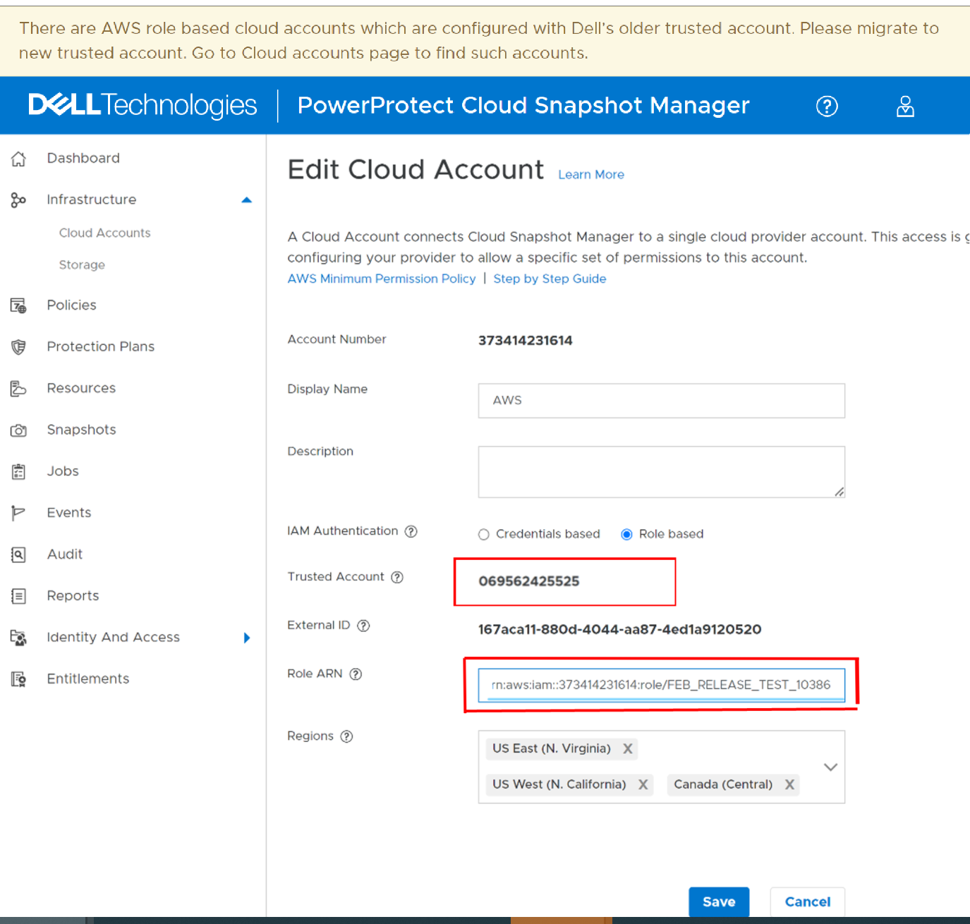PowerProtect Cloud Snapshot Manager - Bewerk het vertrouwde nummer van cloudaccounts
