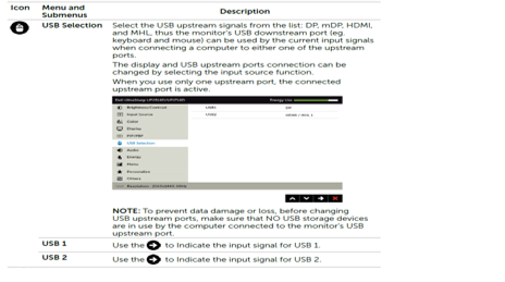 Opções de seleção de USB no menu de exibição na tela