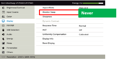 從畫面上的顯示器 （OSD） 選單停用 Monitor Sleep （監視器睡眠） 選項