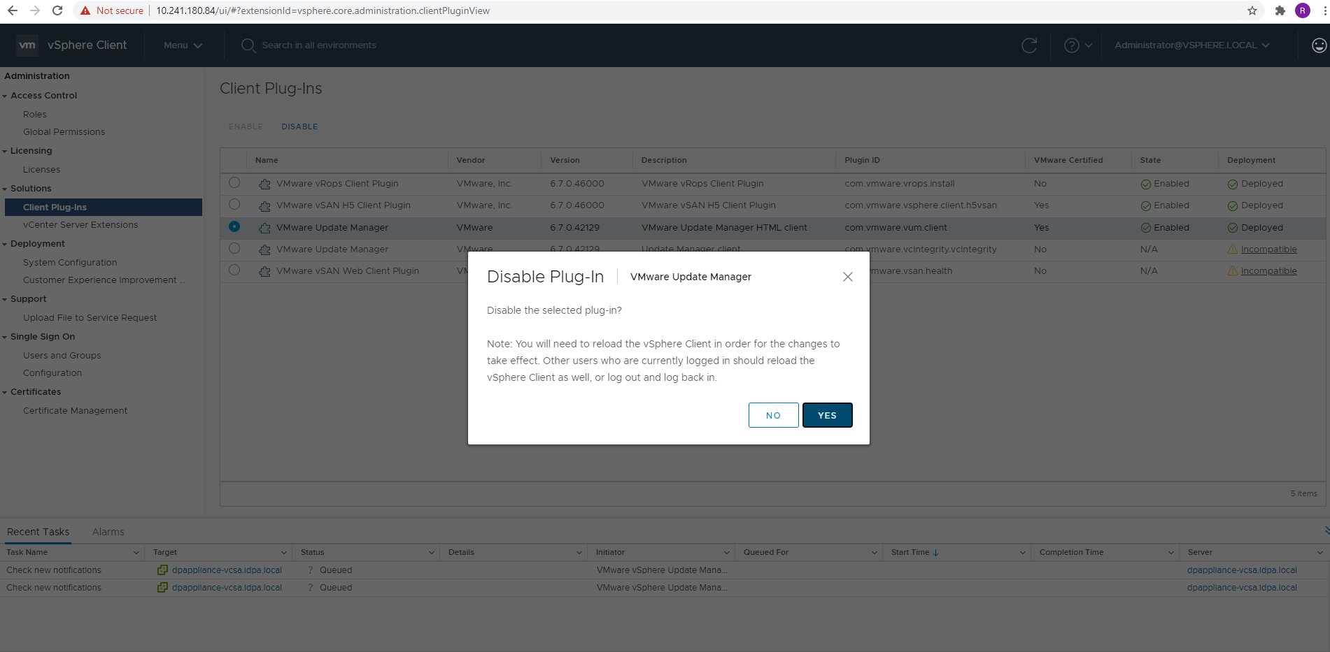 상단의 DISABLE 버튼을 클릭합니다. 메시지가 나타나면 YES를 클릭합니다.