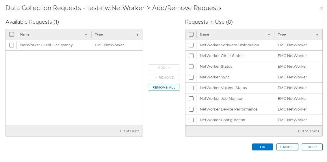 From Inventory > Object Library > Applications > Networker > Data Collection > Add/Remove Requests, move the 'NetWorker Client Occupancy' request from Available Requests to Requests in Use. Click OK to save. 
