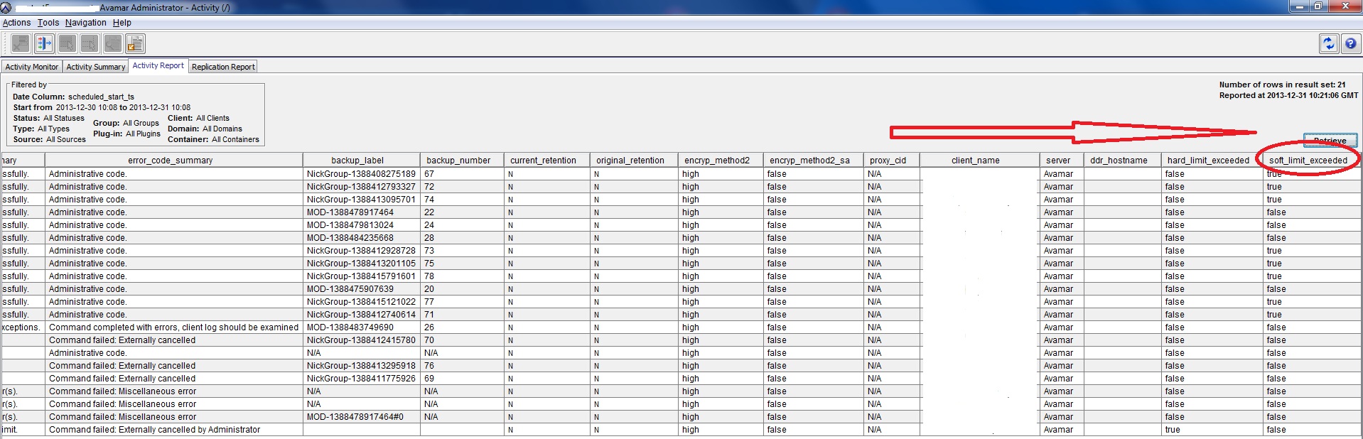 The activity report contains a column for soft_quota_exceeded at the far right hand side, however it is not currently possible to filter for this column and can only be manually sorted.