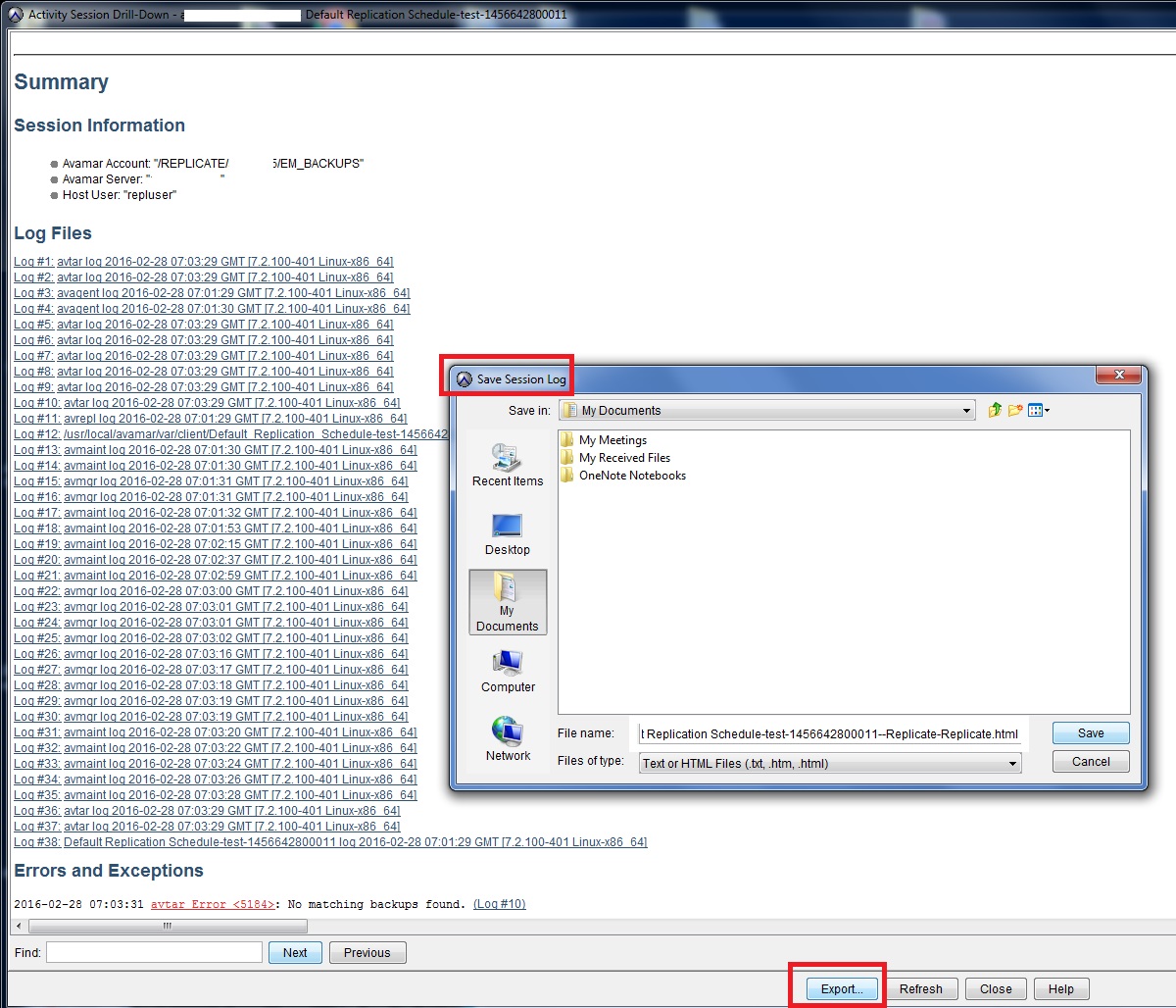 Riepilogo del drill-down delle attività - Salva registro sessione