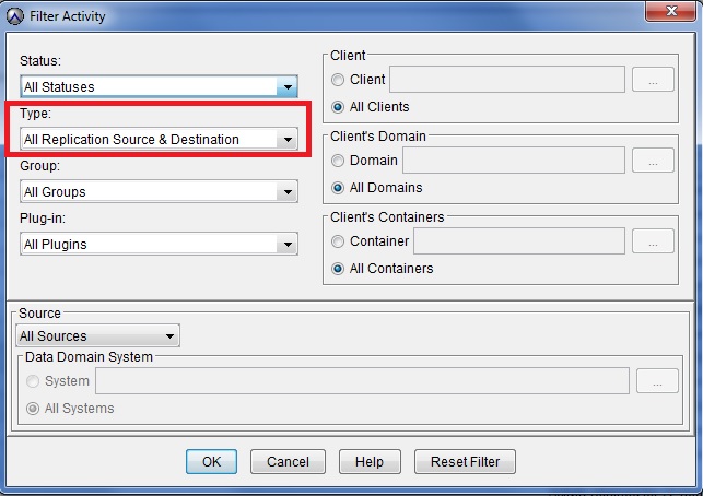 Zrzut ekranu przedstawiający filtrowanie aktywności replikacji
