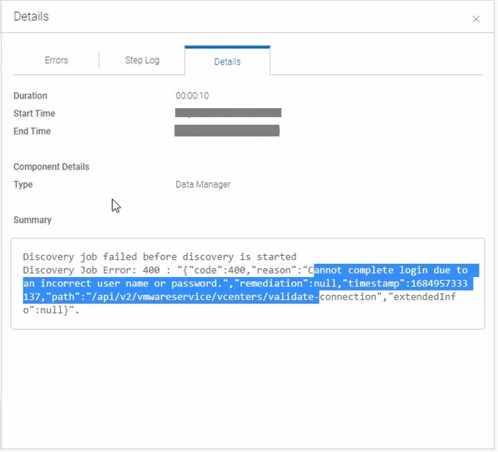 PowerProtect PPDM vCenter 자산 검색이 실패하고 ADS0006 "잘못된 사용자 이름 또는 암호로 인해