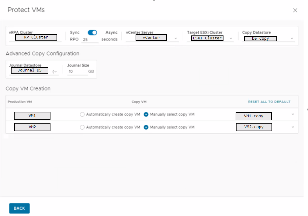 menu de protection des machines virtuelles