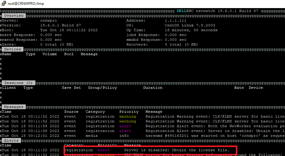 Schermata dell'esecuzione del comando nsrwatch come utente root sul server VAULT di NW