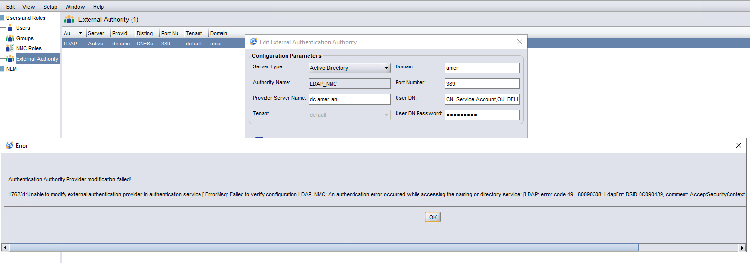 Konfiguracja zewnętrznego urzędu nie powiodła się, a modyfikacja dostawcy uwierzytelniania nie powiodła się.