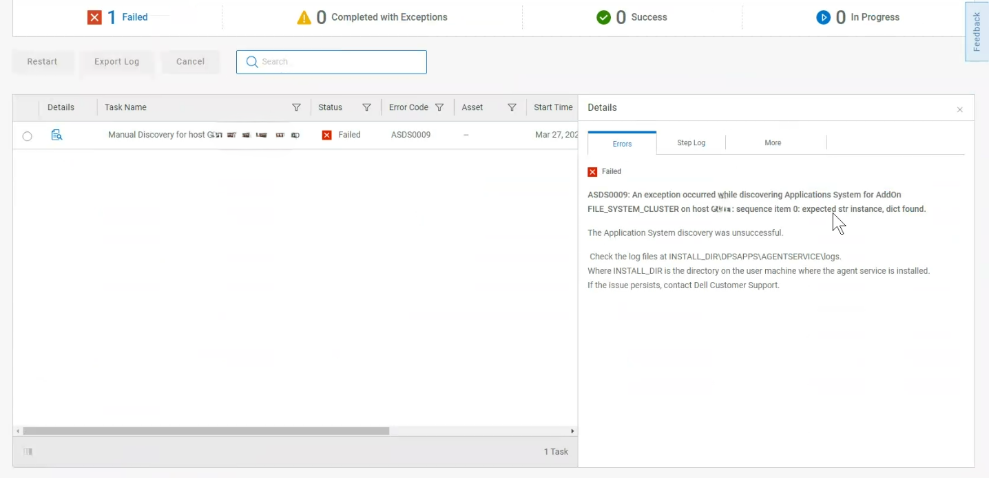 Screenshot of error message