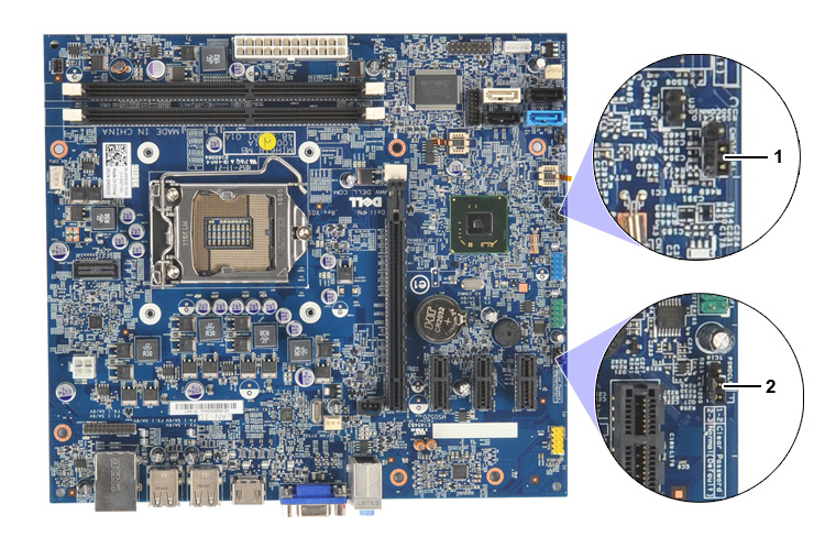 Illustrazione dei ponticelli PSWD e RTCRST sulla scheda di sistema di un desktop Dell