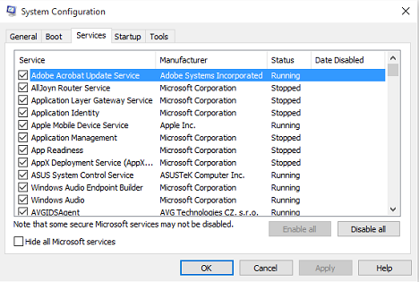 MSCONFIG Services Tab