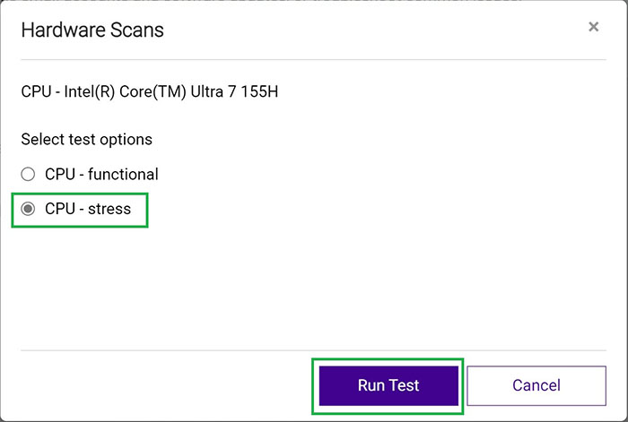 Cliccare per selezionare il test di stress, quindi eseguire il test utilizzando il pulsante Esegui test.