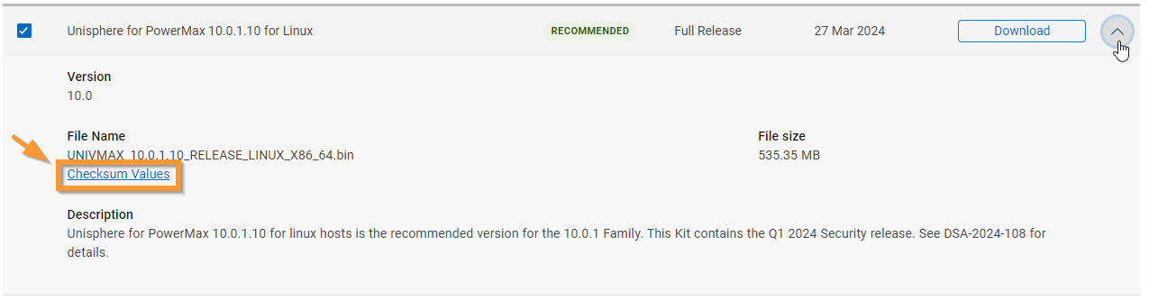 Linux Unisphere Download checksum link