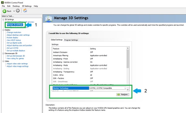 NVIDIA Control Panel 管理 3D 設定