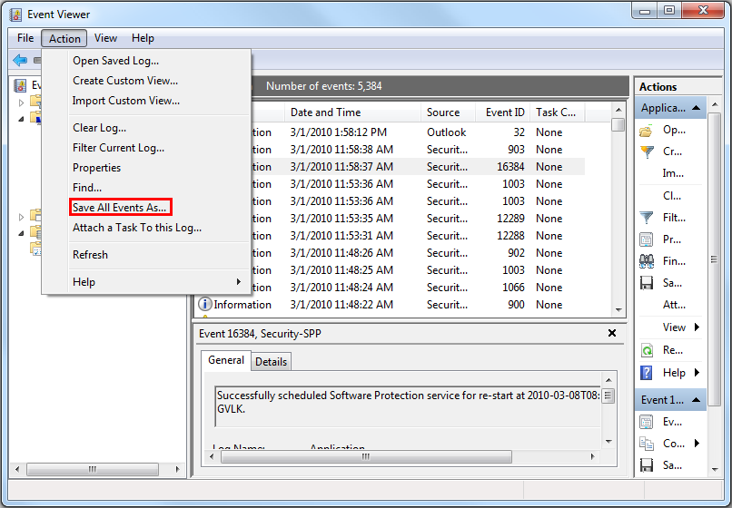 Windows Event Viewer Export Options, Save