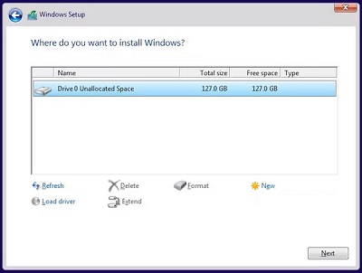 Figure 15. Select the partition to install Windows.