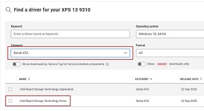 Figure 2. Selecting the IRST driver download