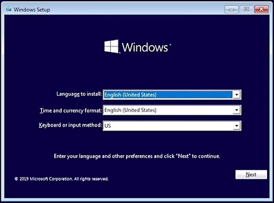 Figure 7. Windows 10 Setup, Language selection.