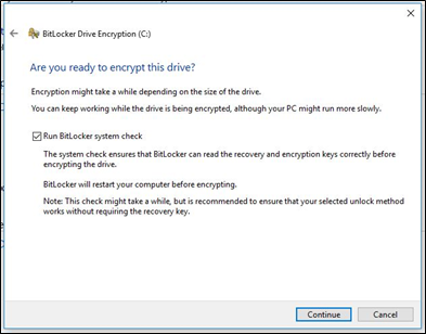 Run Bitlocker system check (BitLocker sistem denetimini çalıştır) öğesini işaretleme