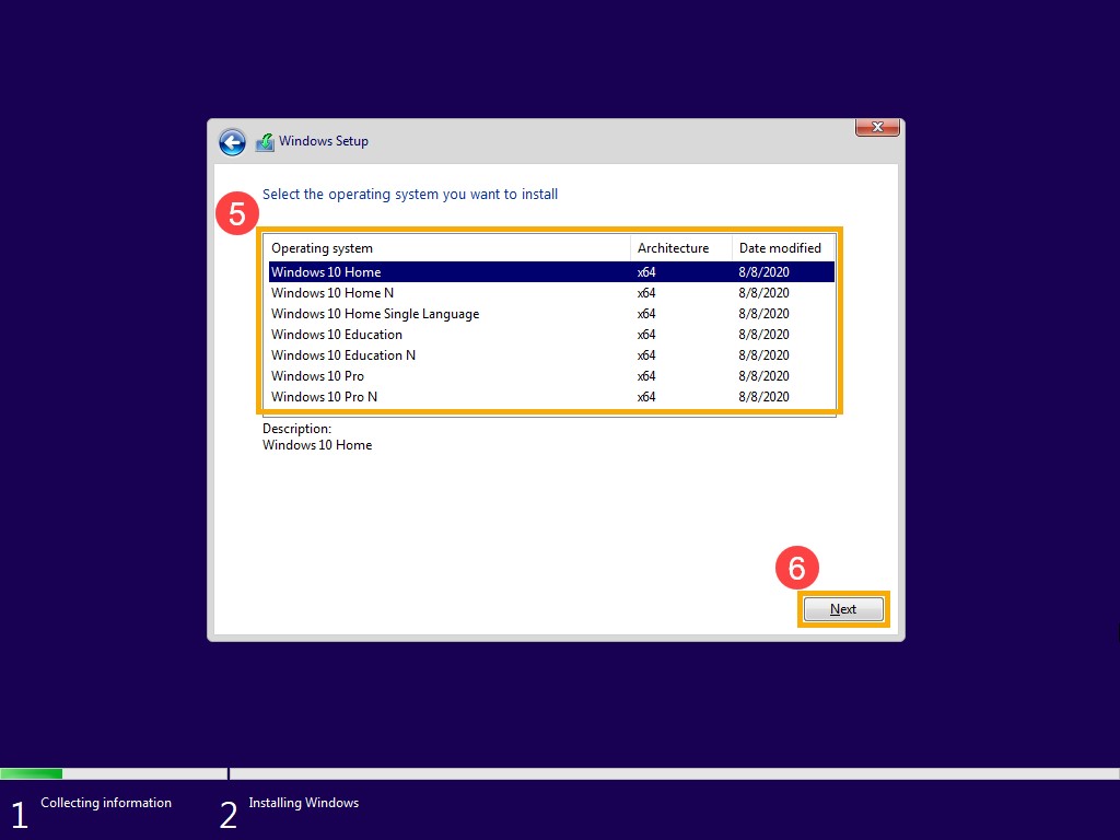 Configuration de l’installation de Windows : Sélectionner la version