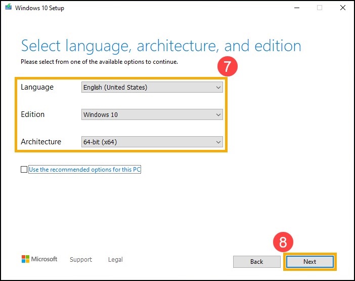 Langue, architecture et édition de création de supports Windows 10