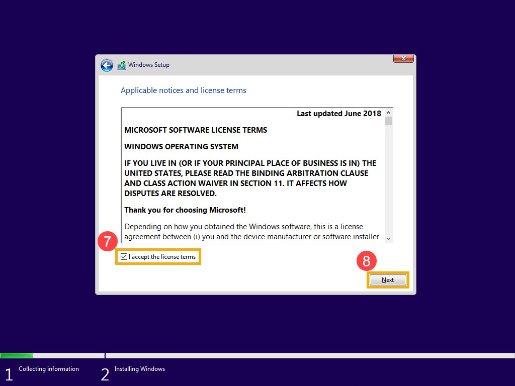 Windows Installationseinrichtung – Microsoft Softwarelizenzbedingungen und entsprechende Hinweise