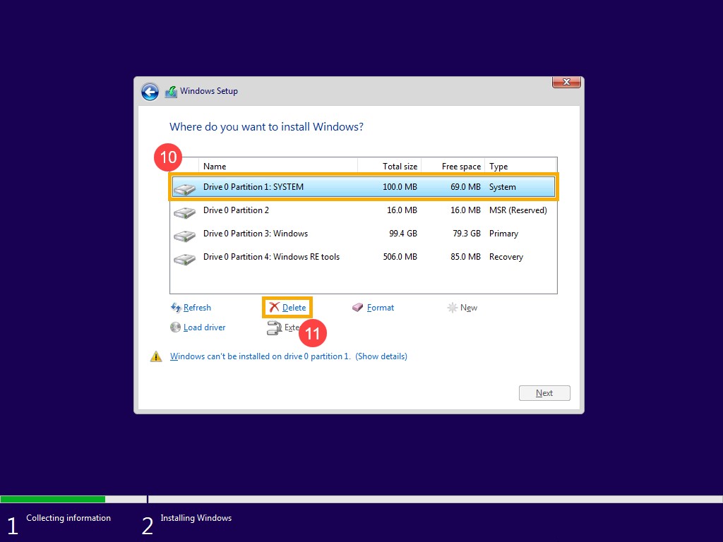 Windows Installationseinrichtung – Laufwerk auswählen