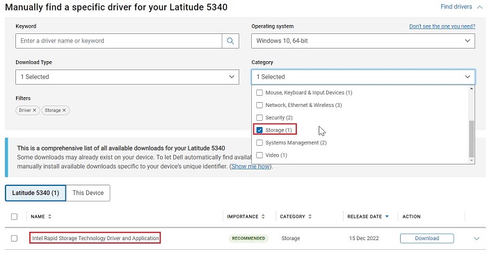 Selecting the IRST driver download