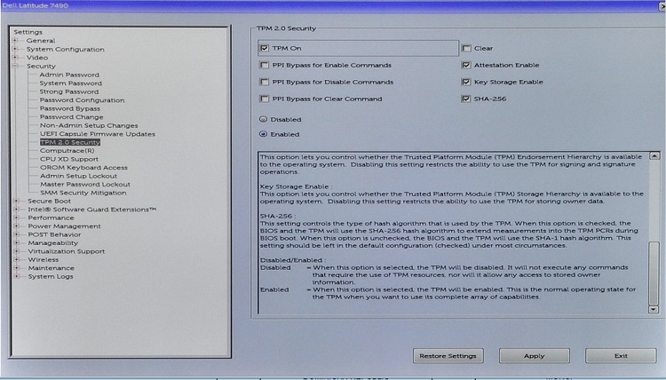 TPM 2.0 Security Setting in BIOS