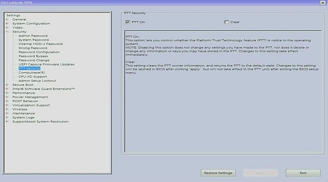 PTT Security setting in BIOS