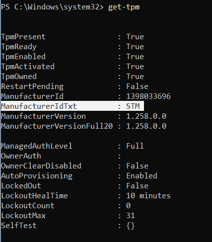 ManufacturerIdTxt field from get-tpm command