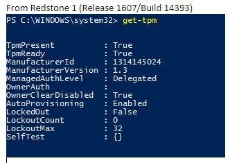 get-tpm command in Windows 10 version 1607 and earlier