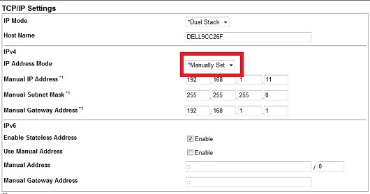 IP Address Mode drop down