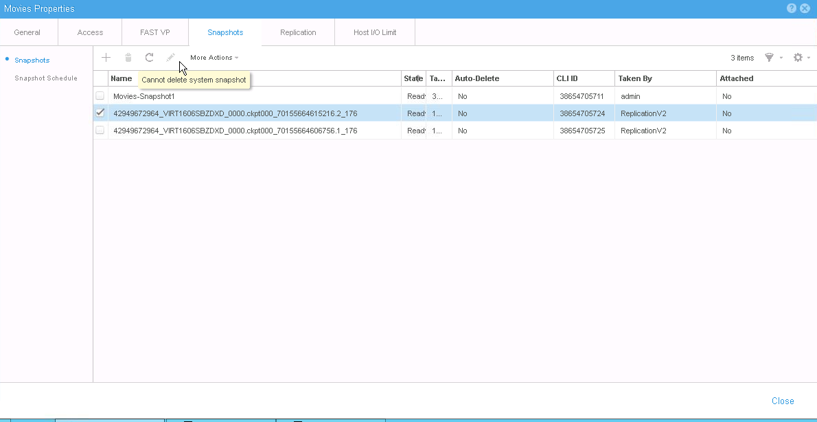 The delete button is disabled with the following error message "Cannot delete system snapshot":
