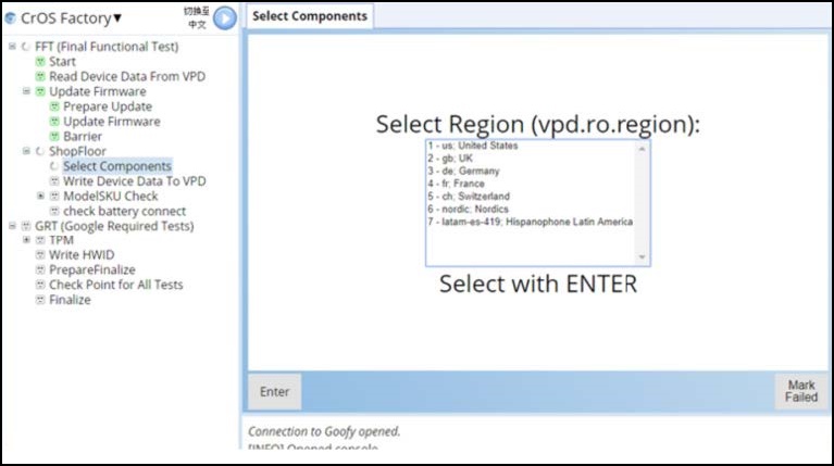 Velg region for å starte RMA Shim-prosessen i ChromeOS