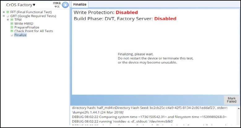 Chrome OS - Avvio del processo RMA Shim, opzione Write Protection: Disabled