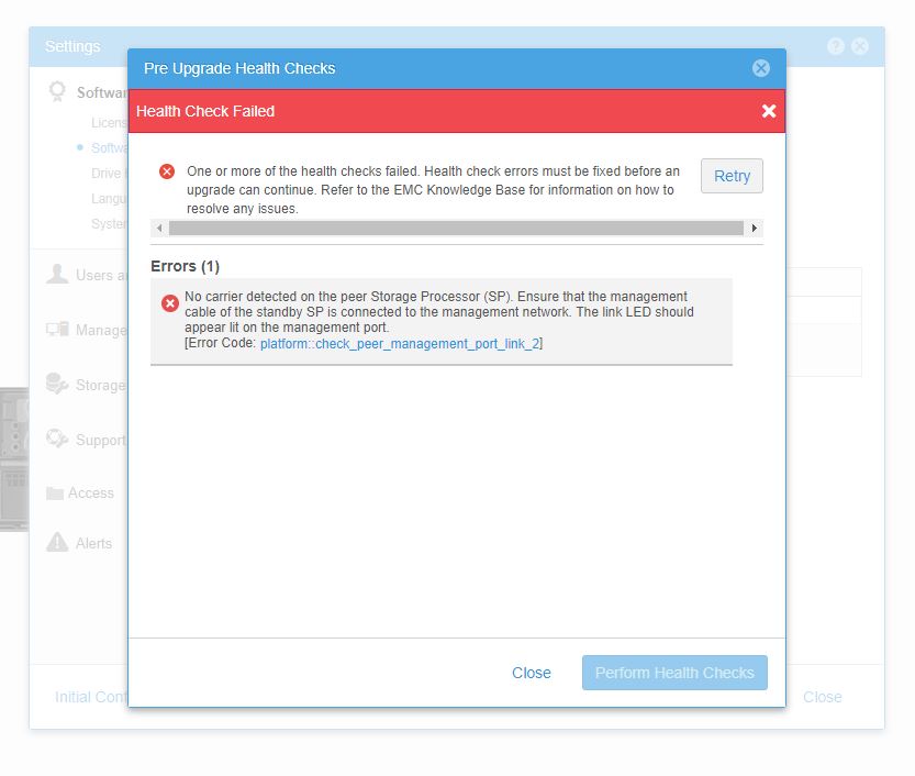 Dell Unity Health check fails with Error code platform check (User