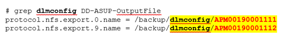  Pomocí příkazu grep proti výstupnímu souboru ASUP, kde jsou v systému Data Domain nakonfigurovány následující knihovny DLM [APM00190001111 &APM00190001112].