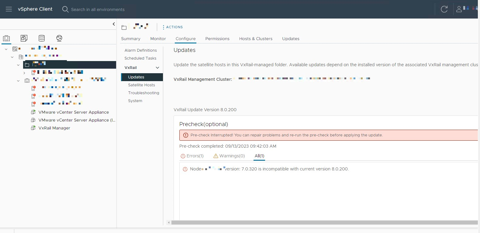Virheilmoitus yhteensopimaton nykyisen version kanssa vSphere Clientissa