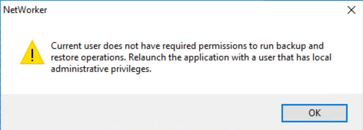 NetWorker NMM SSMS tool displays the error "Current user does not have