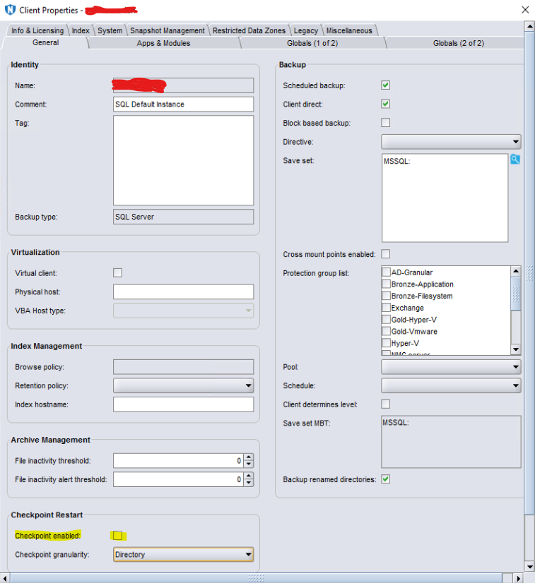 Client properties> general sekmesi altında checkpoint restart işlevini devre dışı bırakın.