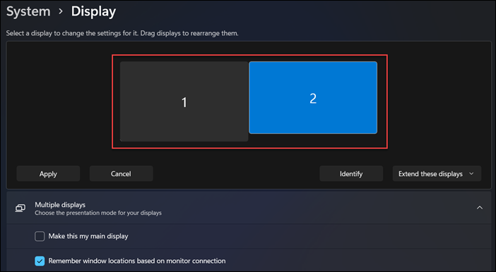 Windows 11의 Display settings 창에서 모니터를 정렬한 예