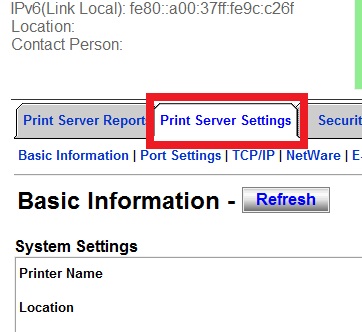 Printer Server Settings Tab